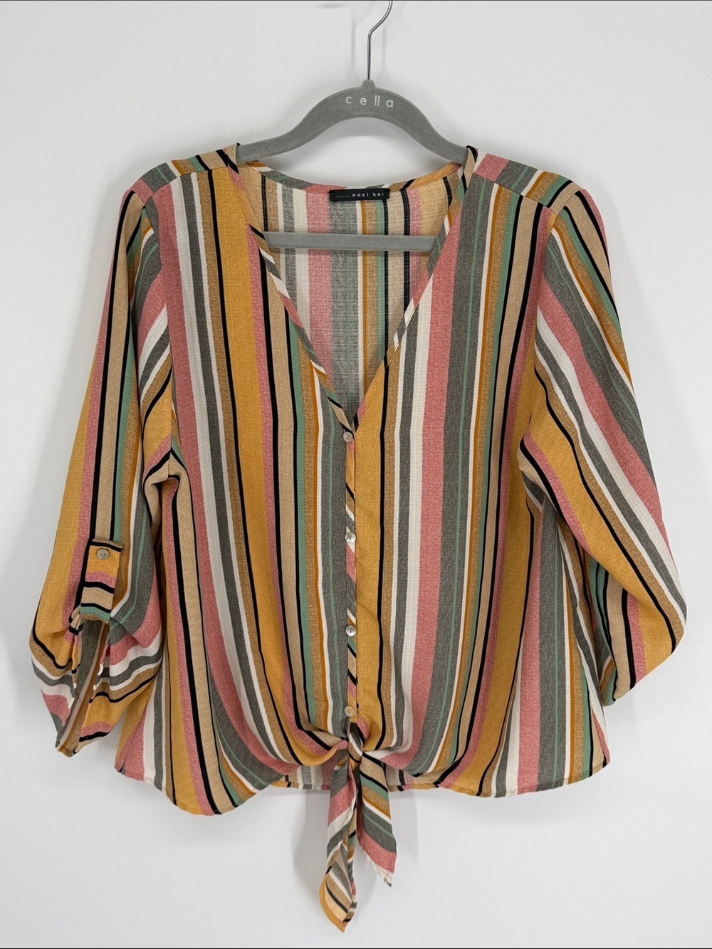 West Kei V-Neck Tie Front Striped Blouse Size Small Oversized Fit